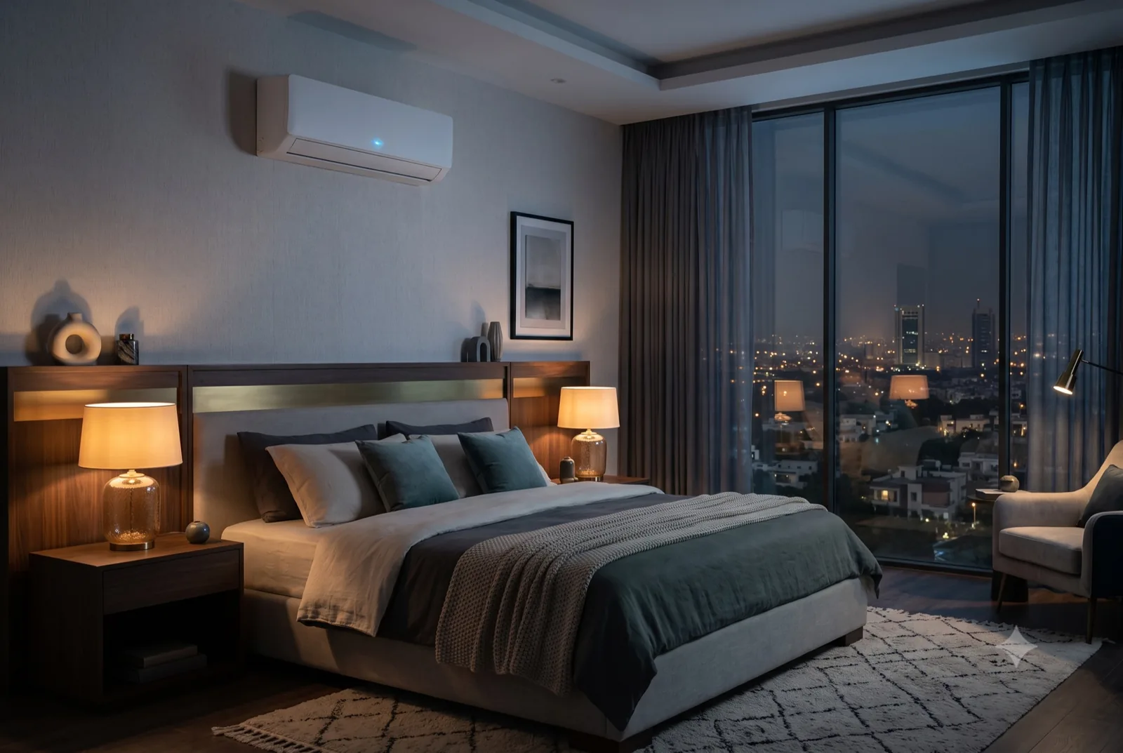 Bedroom at night with a slim wall unit above the bed