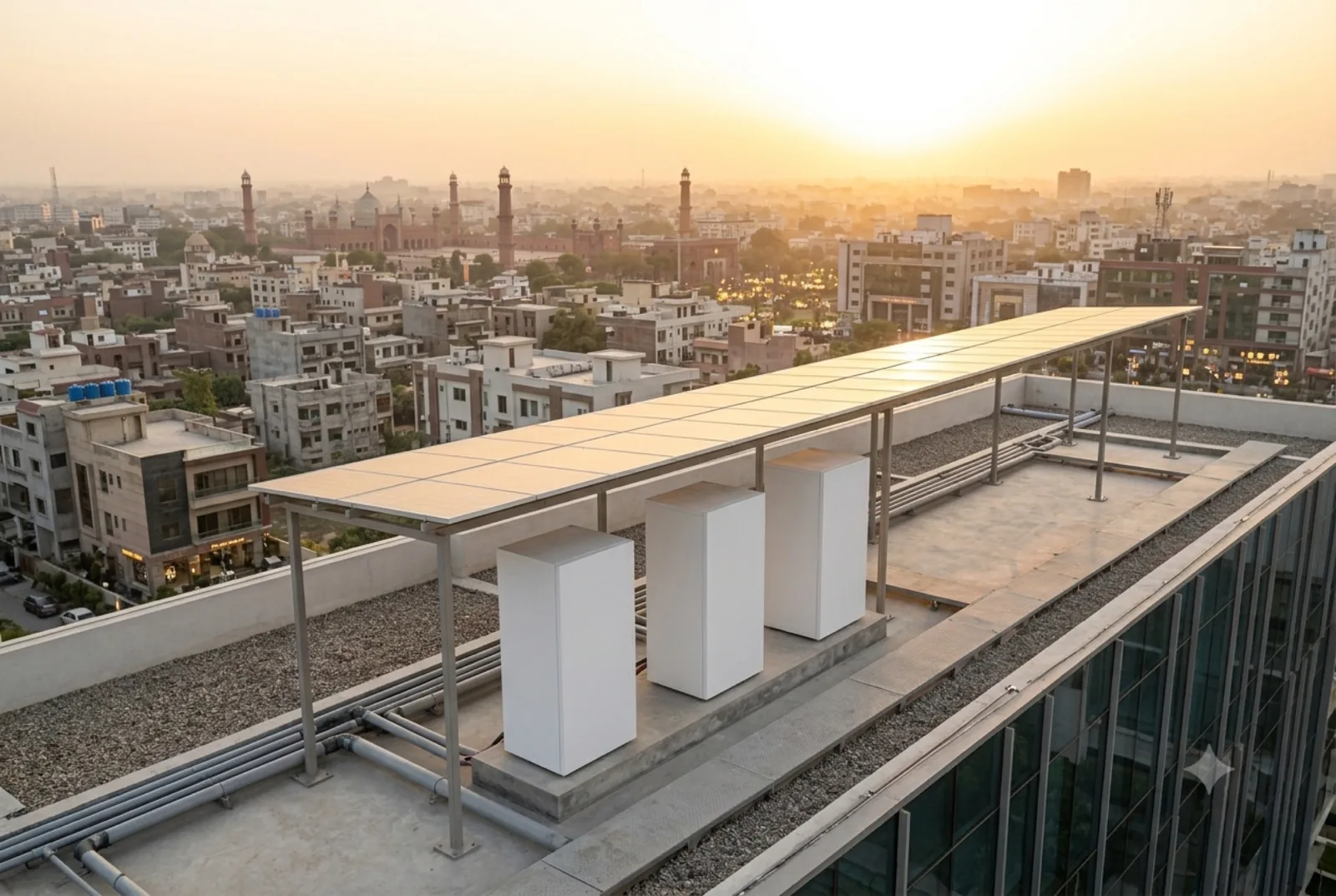 Row of heat-pump cabinets on a commercial rooftop