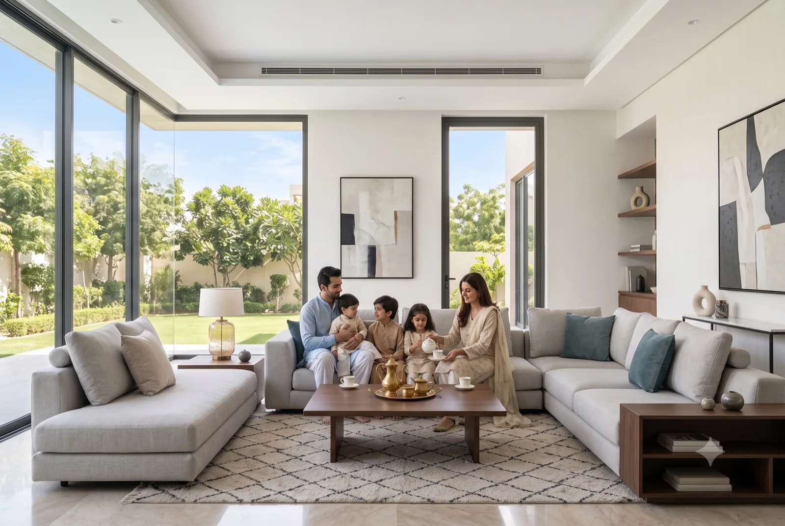 Family at home in a cool lounge