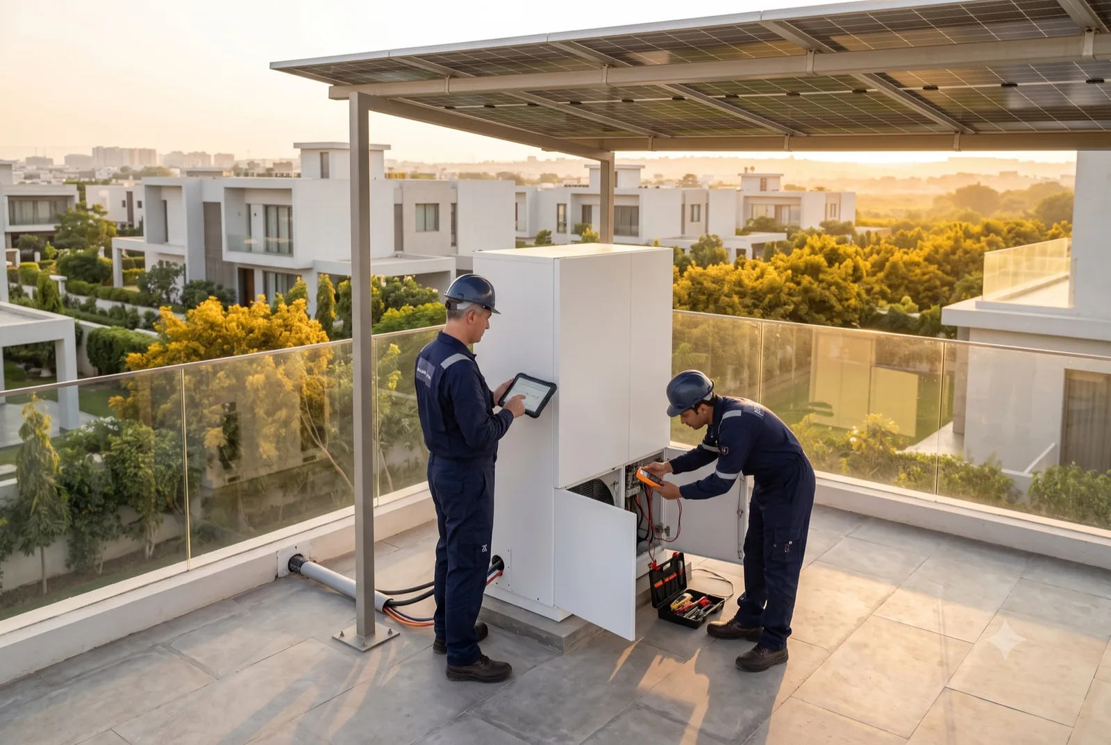 Technicians commissioning a rooftop unit