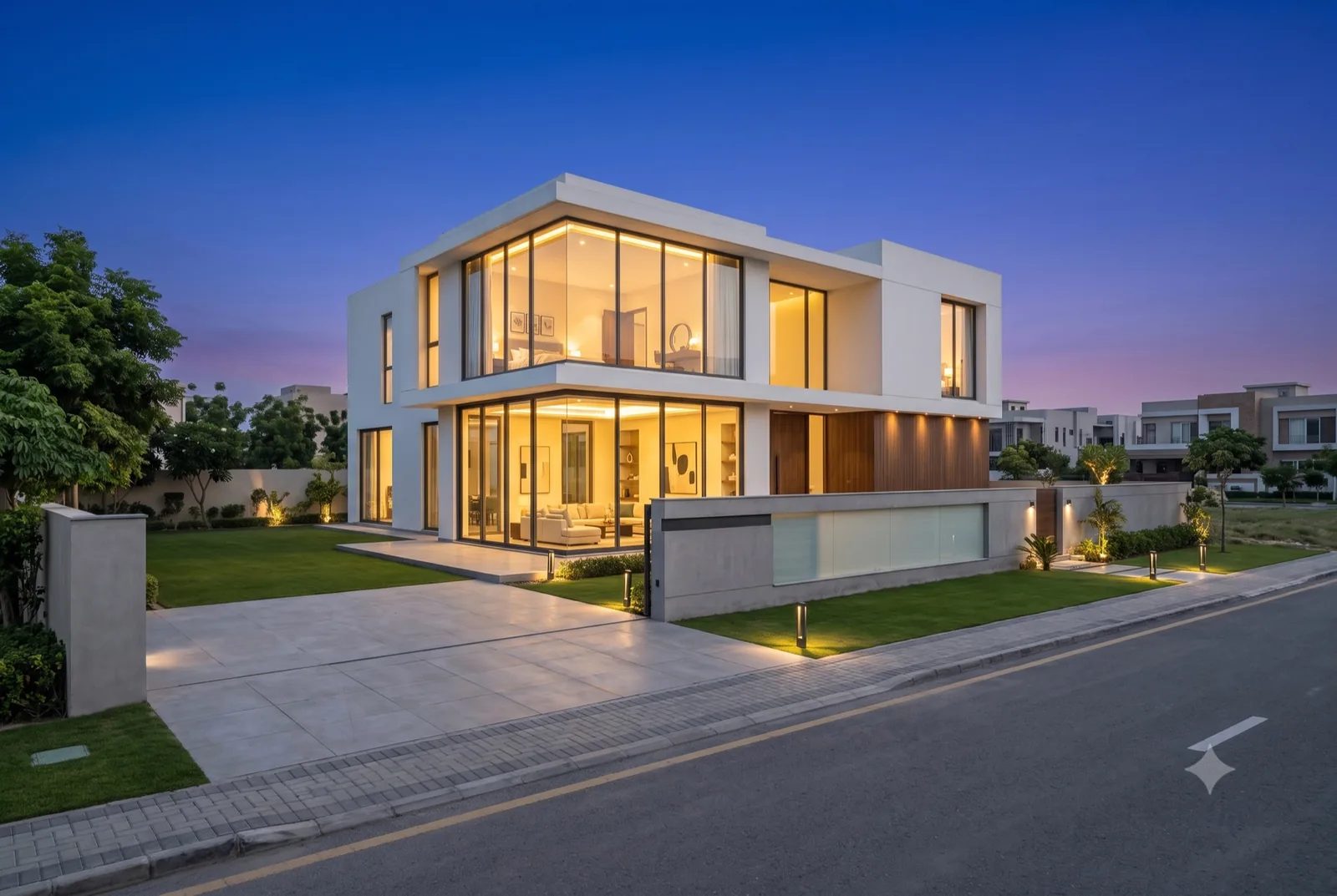 1-kanal villa at dusk
